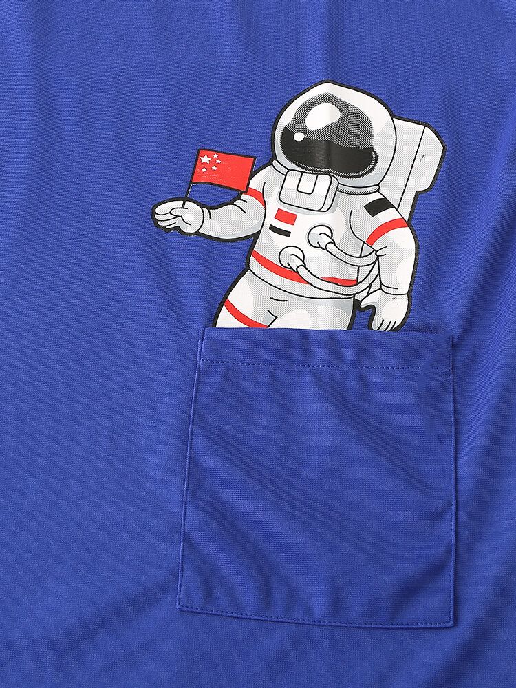 Space Astronaut Print Algodón Parche Bolsillo Cuello Redondo Casual Camisetas De Manga Corta