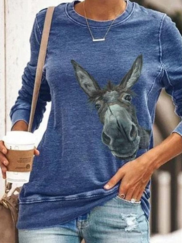 Sudadera Informal De Manga Larga Con Estampado De Burro Divertido De Dibujos Animados Para Mujer