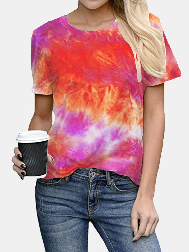 Tie-dye Imprimir Cuello Redondo Manga Corta Camisetas Sueltas Ocasionales Mujeres