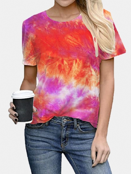 Tie-dye Imprimir Cuello Redondo Manga Corta Camisetas Sueltas Ocasionales Mujeres