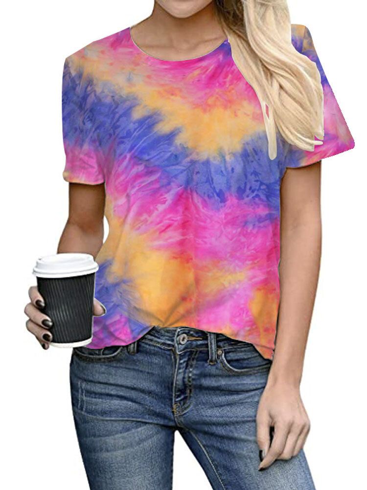 Tie-dye Imprimir Cuello Redondo Manga Corta Camisetas Sueltas Ocasionales Mujeres