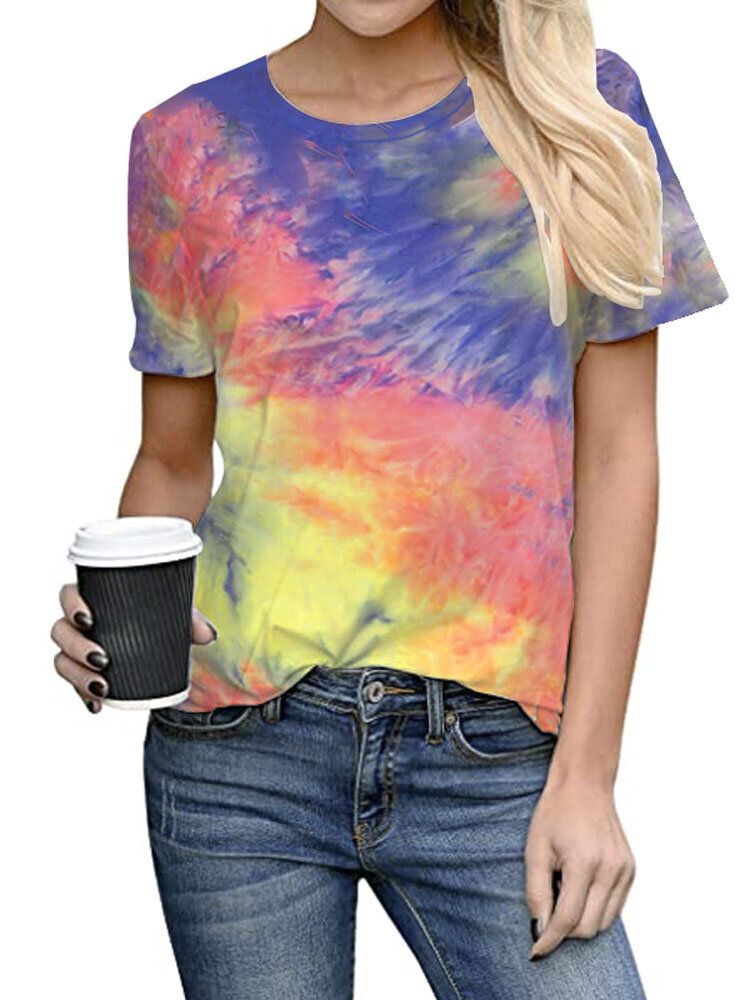 Tie-dye Imprimir Cuello Redondo Manga Corta Camisetas Sueltas Ocasionales Mujeres