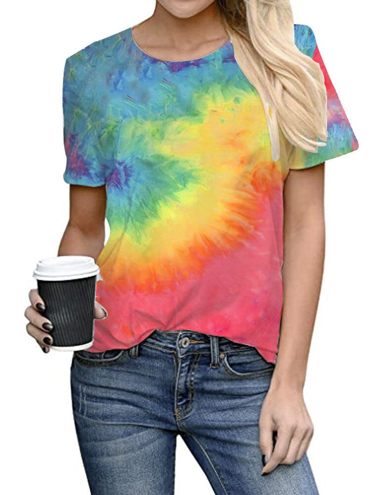 Tie-dye Imprimir Cuello Redondo Manga Corta Camisetas Sueltas Ocasionales Mujeres