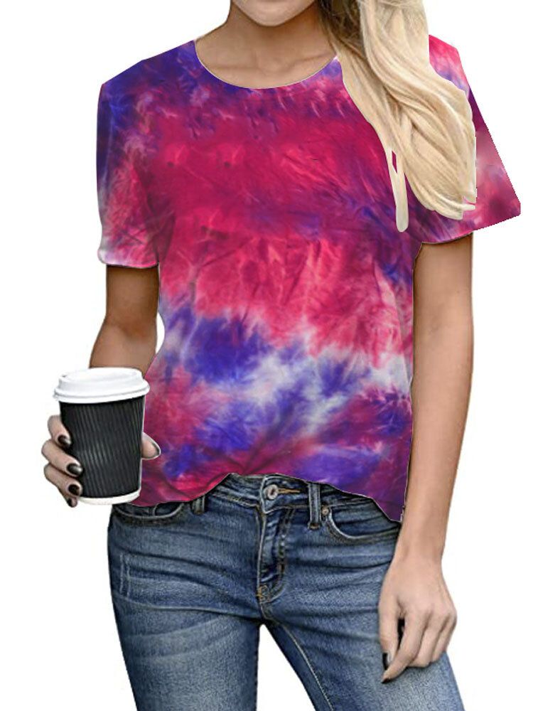 Tie-dye Imprimir Cuello Redondo Manga Corta Camisetas Sueltas Ocasionales Mujeres