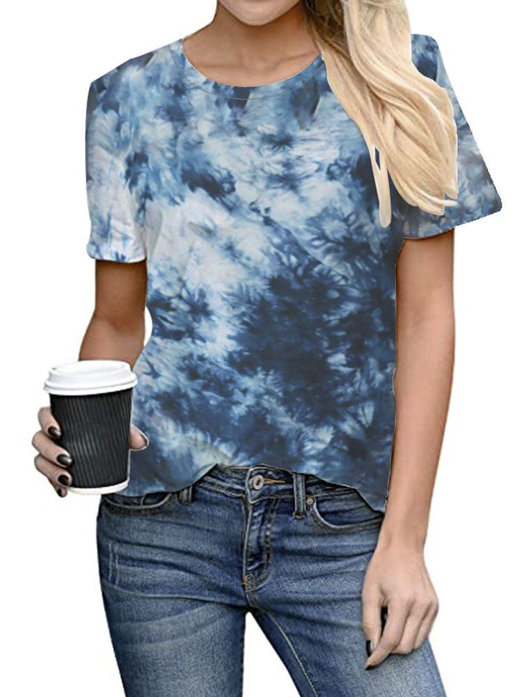 Tie-dye Imprimir Cuello Redondo Manga Corta Camisetas Sueltas Ocasionales Mujeres