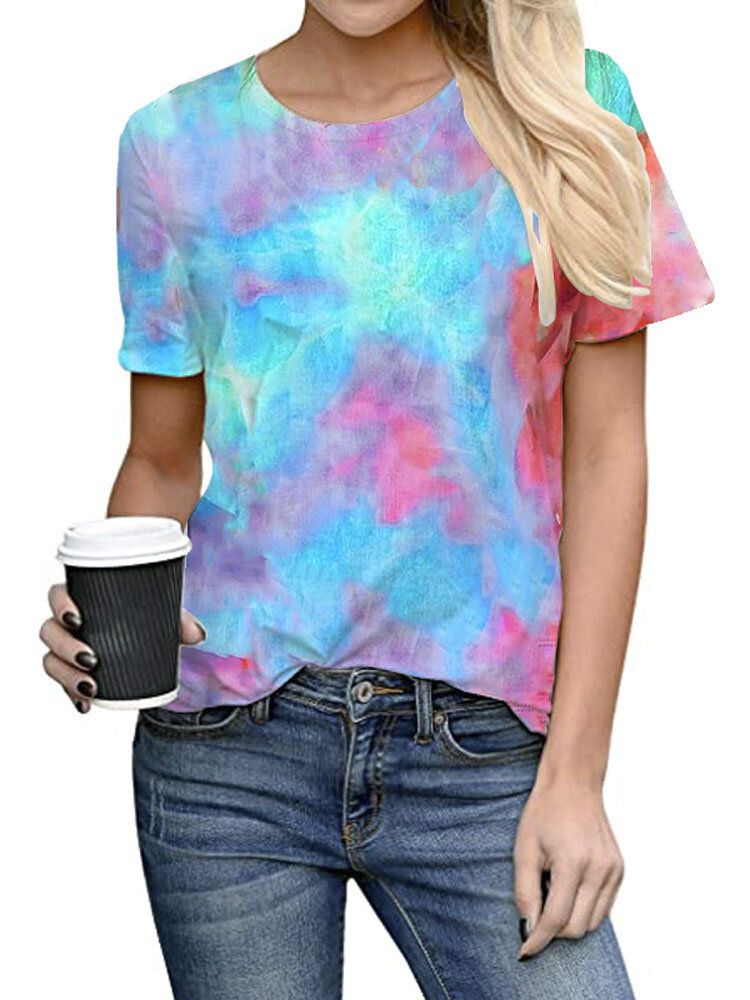 Tie-dye Imprimir Cuello Redondo Manga Corta Camisetas Sueltas Ocasionales Mujeres