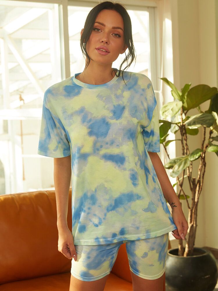 Tie Dye Print Mujeres Deportes De Verano Top De Dos Piezas Camisetas Casuales