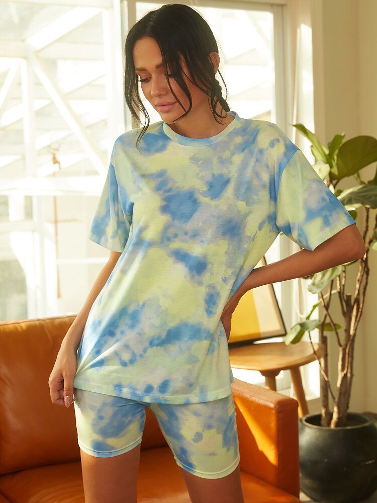 Tie Dye Print Mujeres Deportes De Verano Top De Dos Piezas Camisetas Casuales