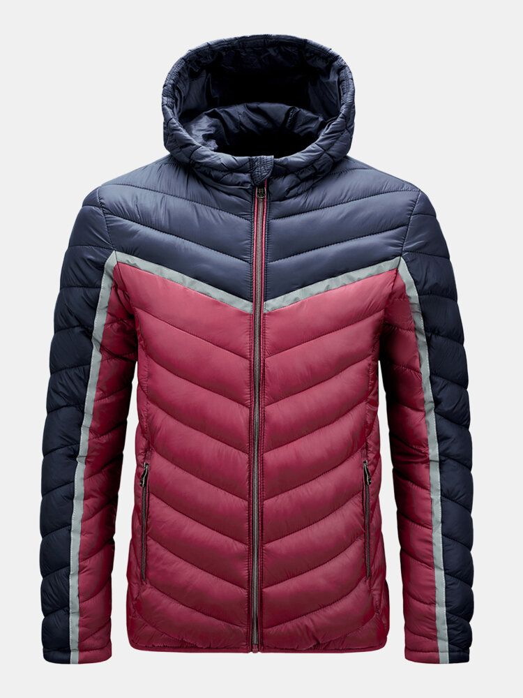 Chaqueta De Plumón Con Capucha Y Cremallera De Bolsillo Cálido Con Contraste De Color Para Hombre