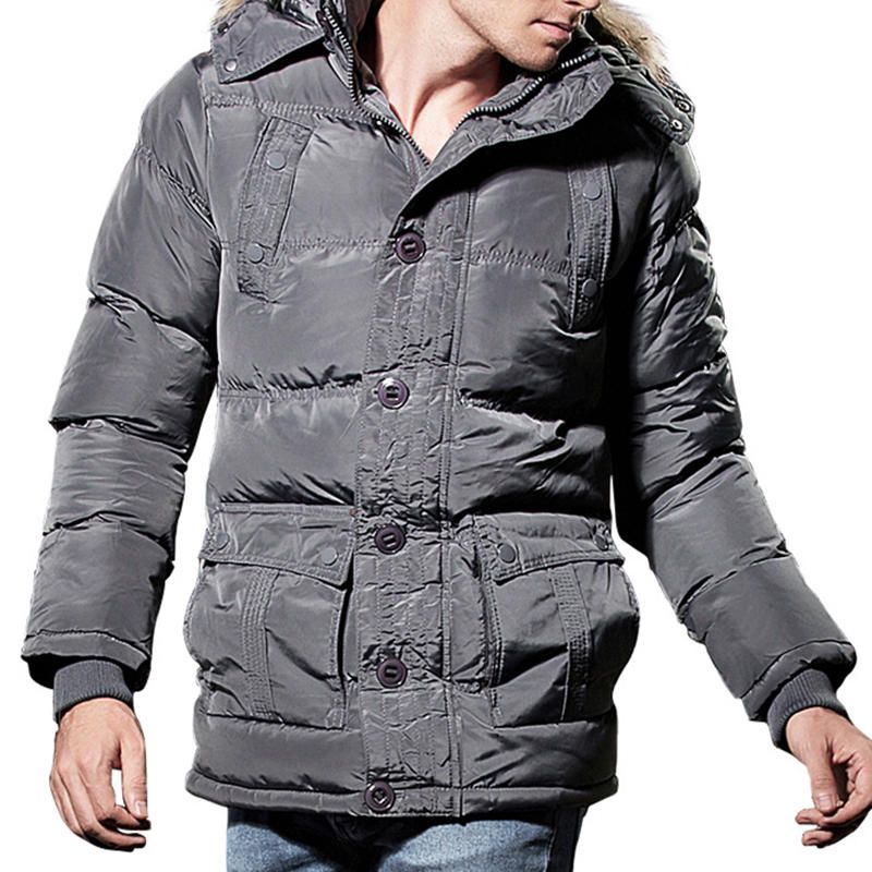 Hombres Invierno A Prueba De Viento Con Múltiples Bolsillos Botones Con Cremallera Color Sólido Capucha Peluda Chaqueta Acolchada Cálida Parka