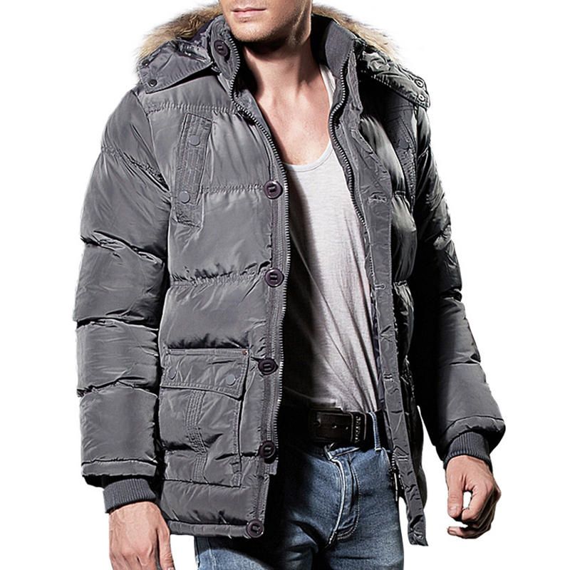 Hombres Invierno A Prueba De Viento Con Múltiples Bolsillos Botones Con Cremallera Color Sólido Capucha Peluda Chaqueta Acolchada Cálida Parka