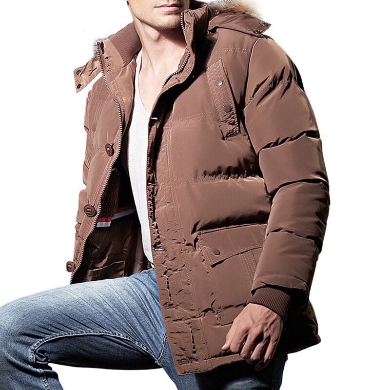 Hombres Invierno A Prueba De Viento Con Múltiples Bolsillos Botones Con Cremallera Color Sólido Capucha Peluda Chaqueta Acolchada Cálida Parka