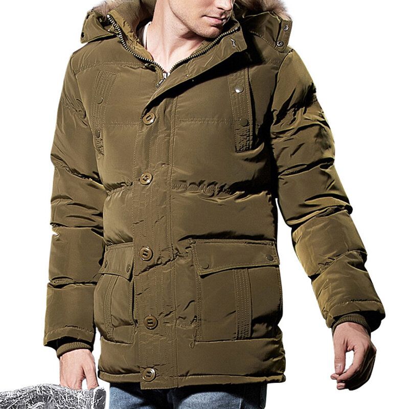 Hombres Invierno A Prueba De Viento Con Múltiples Bolsillos Botones Con Cremallera Color Sólido Capucha Peluda Chaqueta Acolchada Cálida Parka