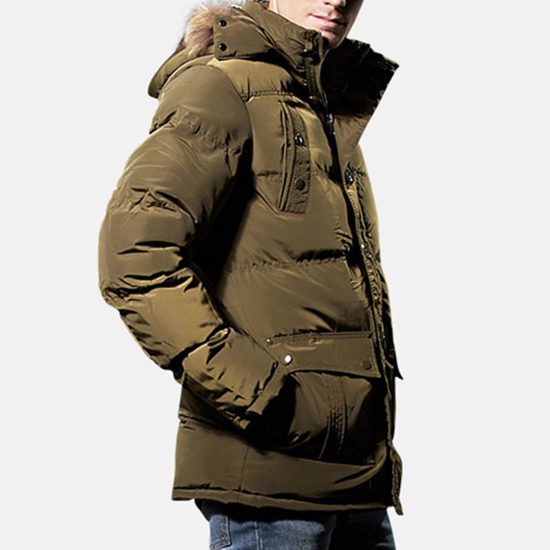 Hombres Invierno A Prueba De Viento Con Múltiples Bolsillos Botones Con Cremallera Color Sólido Capucha Peluda Chaqueta Acolchada Cálida Parka