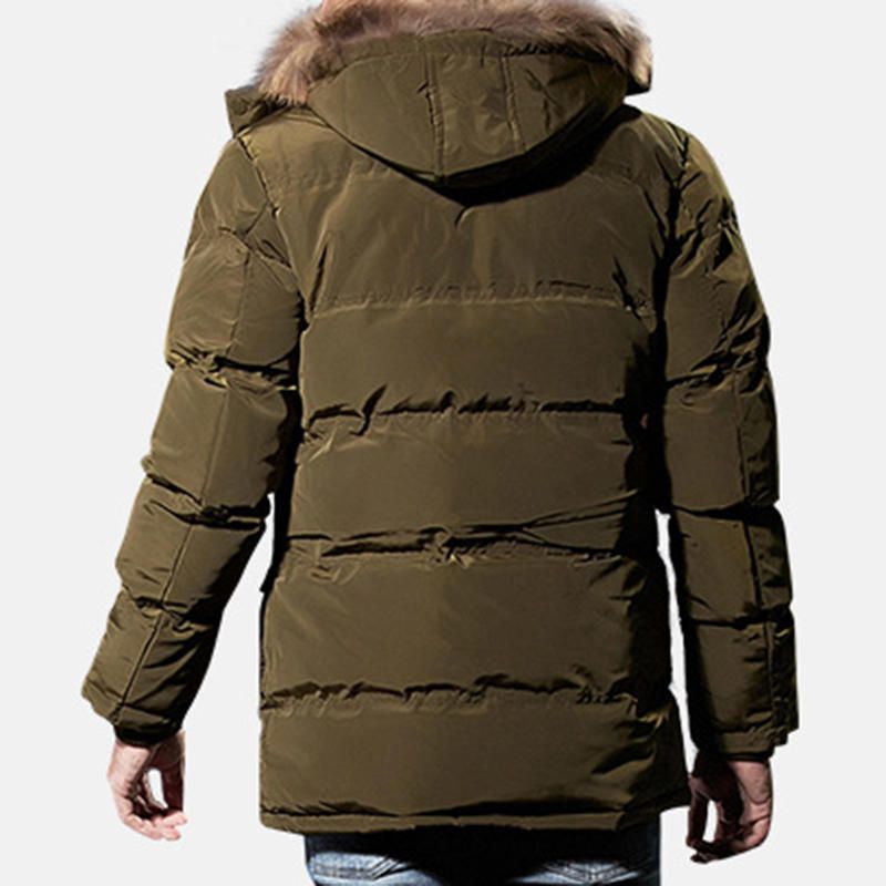 Hombres Invierno A Prueba De Viento Con Múltiples Bolsillos Botones Con Cremallera Color Sólido Capucha Peluda Chaqueta Acolchada Cálida Parka