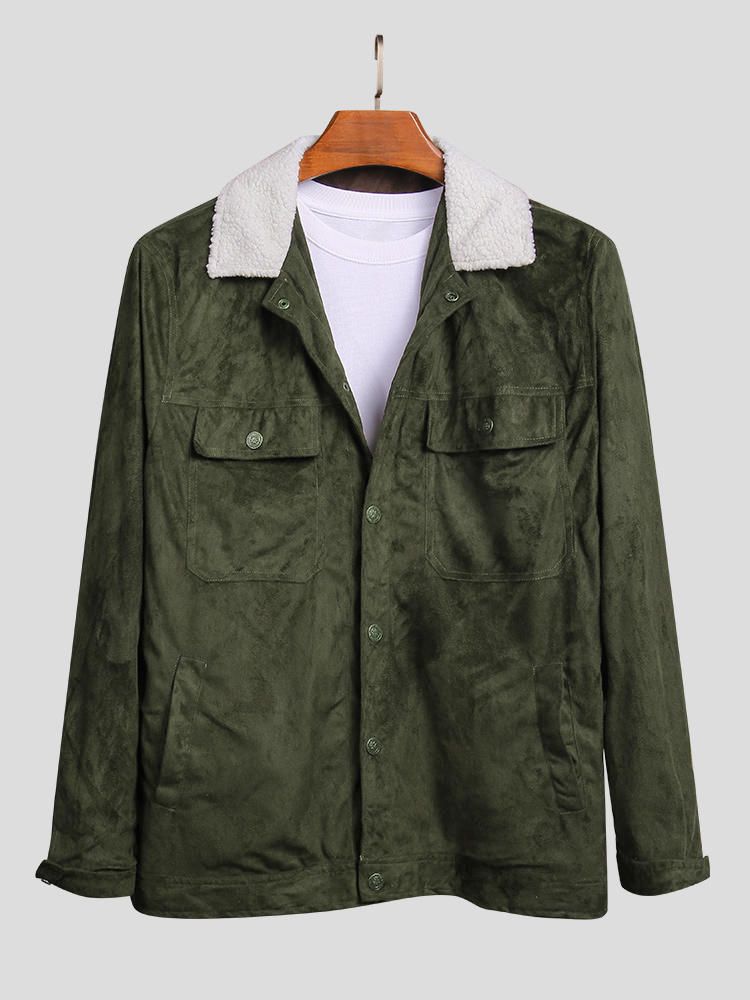 Chaqueta De Ante Con Cuello De Terciopelo De Cordero Con Múltiples Bolsillos Para Hombre