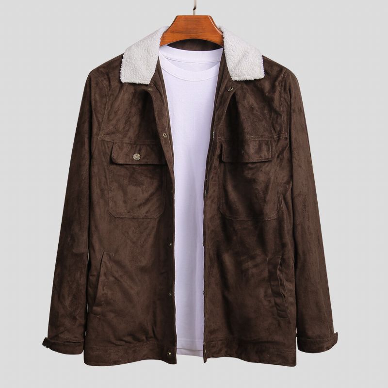 Chaqueta De Ante Con Cuello De Terciopelo De Cordero Con Múltiples Bolsillos Para Hombre