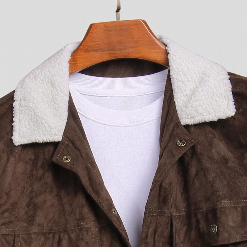 Chaqueta De Ante Con Cuello De Terciopelo De Cordero Con Múltiples Bolsillos Para Hombre