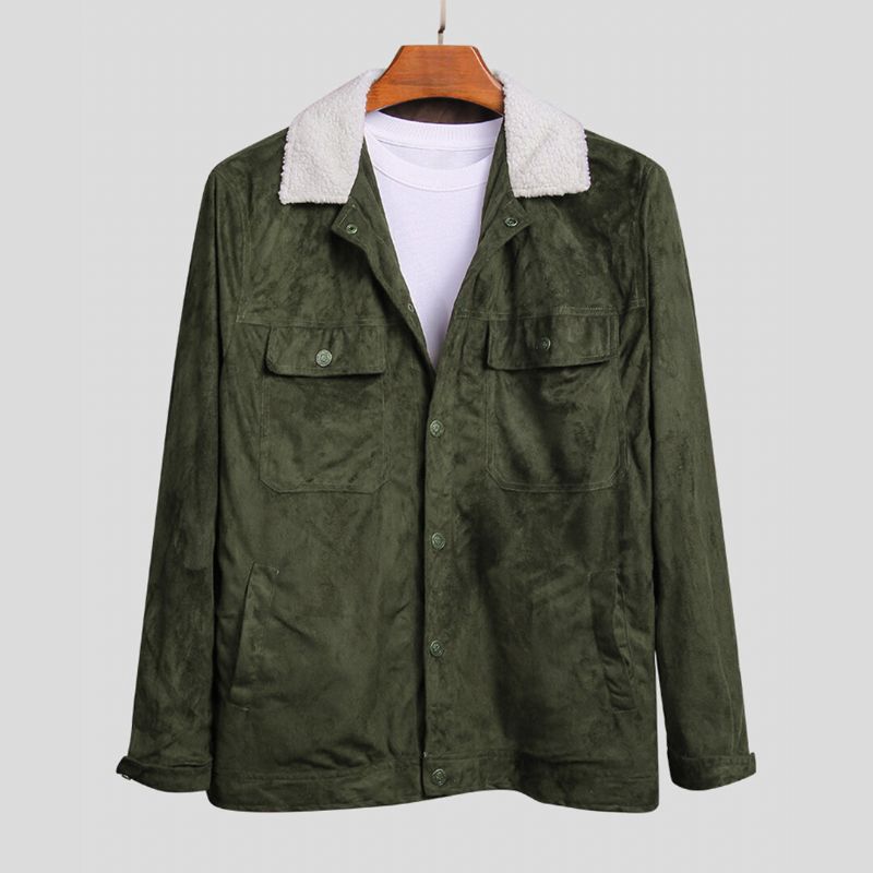 Chaqueta De Ante Con Cuello De Terciopelo De Cordero Con Múltiples Bolsillos Para Hombre