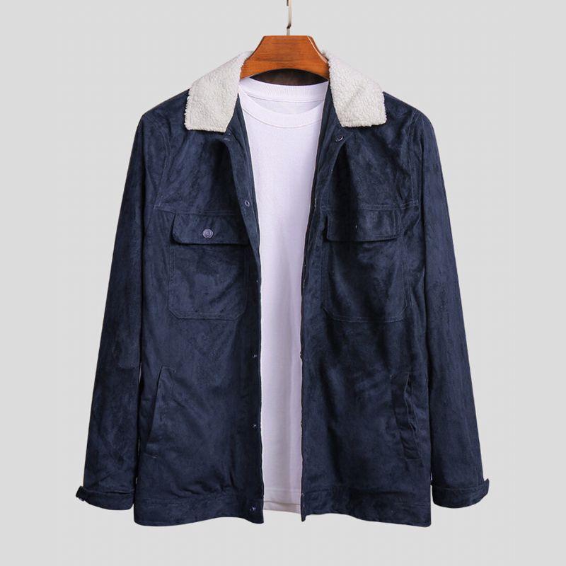 Chaqueta De Ante Con Cuello De Terciopelo De Cordero Con Múltiples Bolsillos Para Hombre