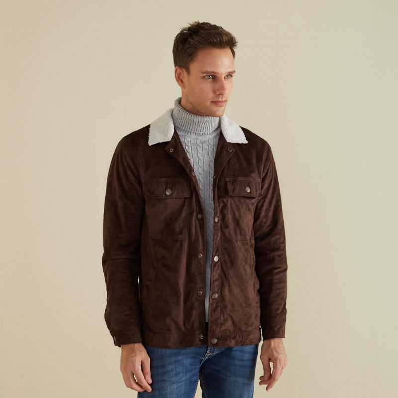 Chaqueta De Ante Con Cuello De Terciopelo De Cordero Con Múltiples Bolsillos Para Hombre