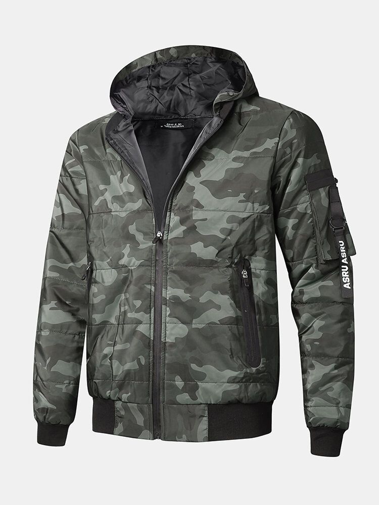 Chaqueta De Béisbol Causal Cálida Delantera Con Cremallera Y Estampado De Camuflaje Para Hombre Con Capucha Extraíble