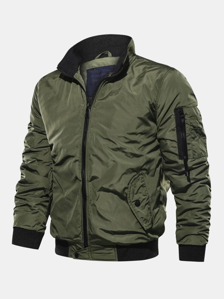 Chaqueta De Bombardero A Prueba De Viento Con Bolsillo Lateral Con Cremallera De Color Sólido Para Hombre