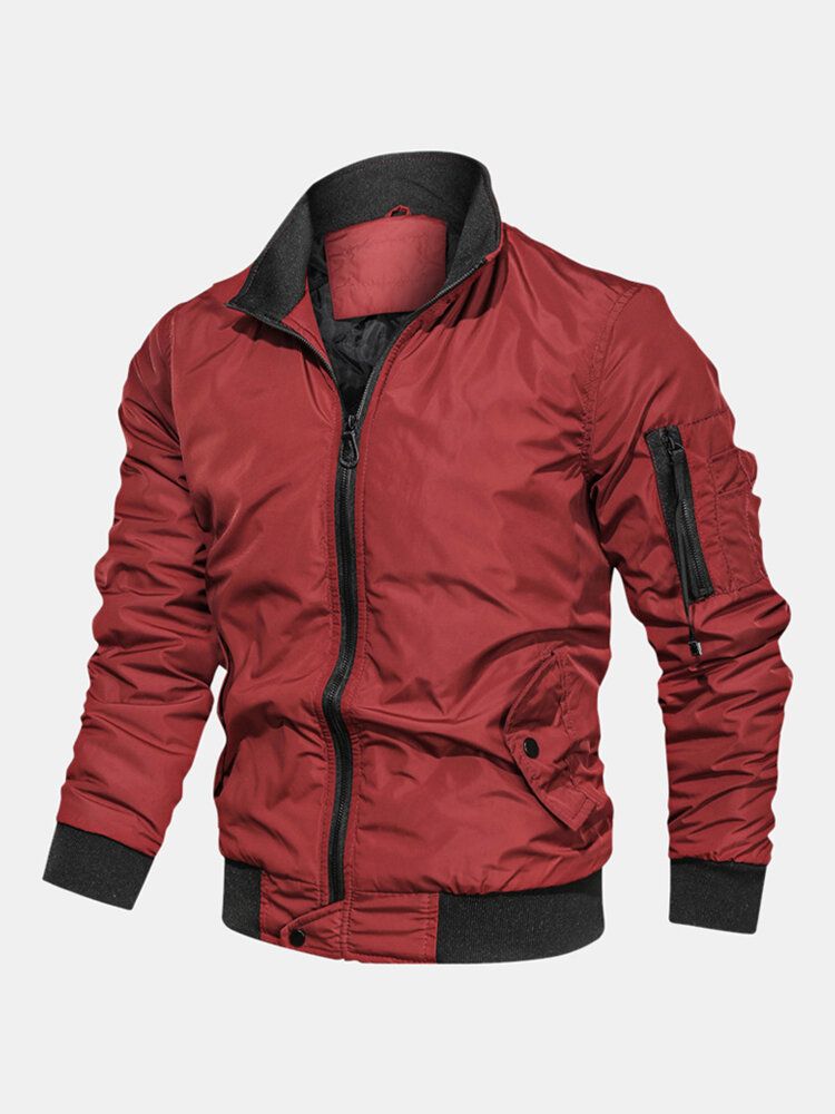 Chaqueta De Bombardero A Prueba De Viento Con Bolsillo Lateral Con Cremallera De Color Sólido Para Hombre