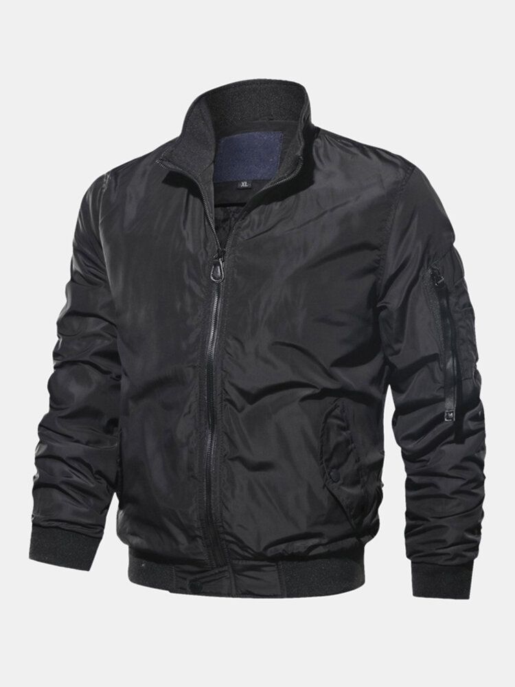 Chaqueta De Bombardero A Prueba De Viento Con Bolsillo Lateral Con Cremallera De Color Sólido Para Hombre