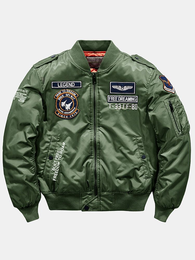 Chaqueta De Bombardero Con Cuello De Béisbol Y Cremallera Bordada Con Insignia De Letras Para Hombre Con Bolsillo