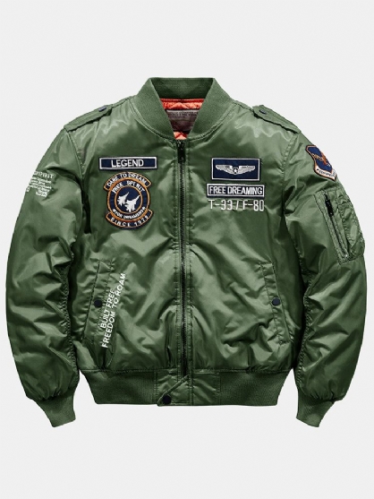 Chaqueta De Bombardero Con Cuello De Béisbol Y Cremallera Bordada Con Insignia De Letras Para Hombre Con Bolsillo