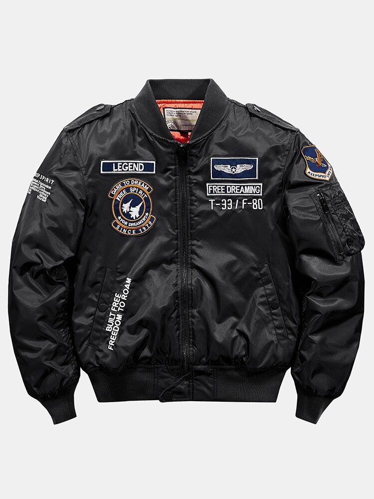 Chaqueta De Bombardero Con Cuello De Béisbol Y Cremallera Bordada Con Insignia De Letras Para Hombre Con Bolsillo