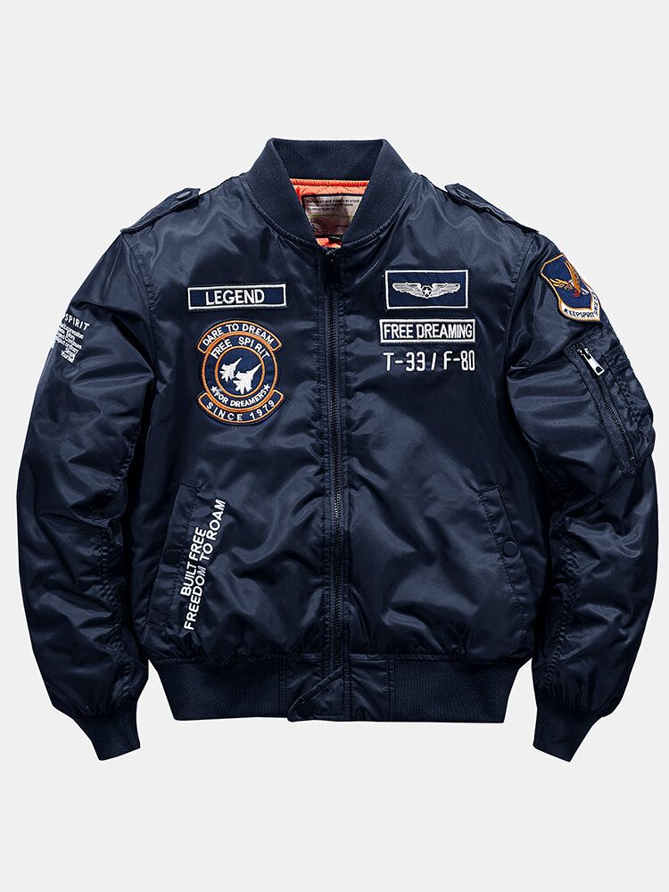 Chaqueta De Bombardero Con Cuello De Béisbol Y Cremallera Bordada Con Insignia De Letras Para Hombre Con Bolsillo