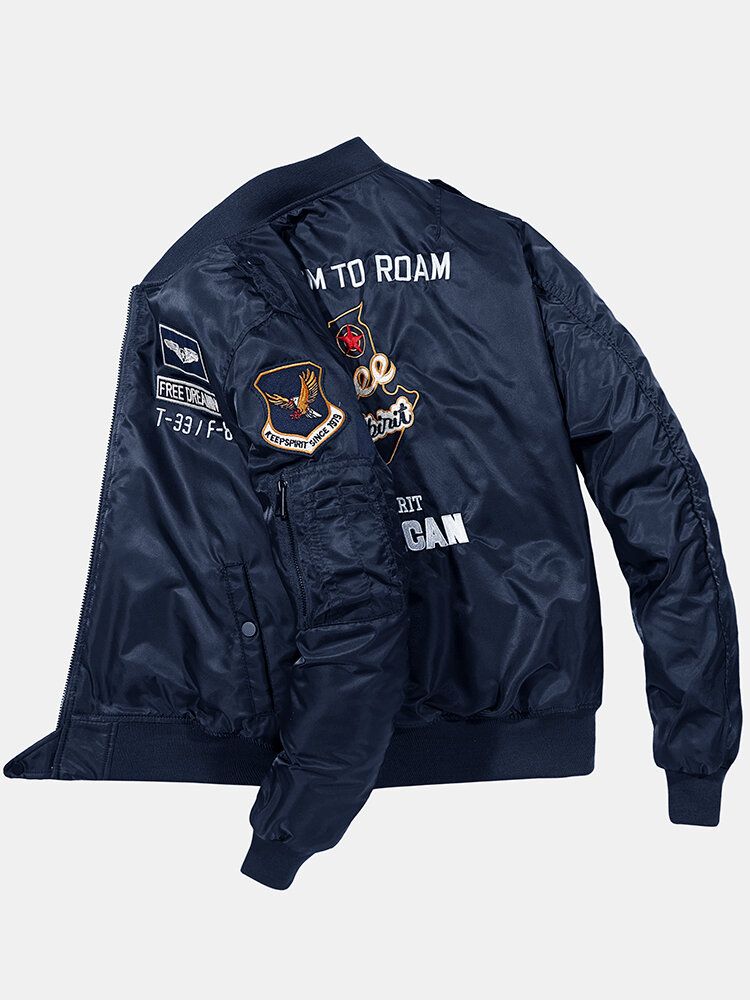 Chaqueta De Bombardero Con Cuello De Béisbol Y Cremallera Bordada Con Insignia De Letras Para Hombre Con Bolsillo