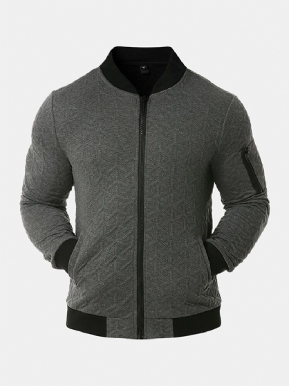 Chaqueta De Bombardero De Cuello De Béisbol Con Cremallera De Textura Jacquard De Color Sólido Para Hombre