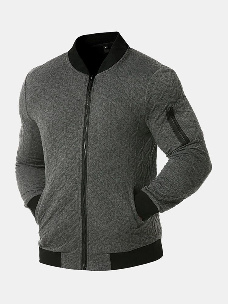 Chaqueta De Bombardero De Cuello De Béisbol Con Cremallera De Textura Jacquard De Color Sólido Para Hombre