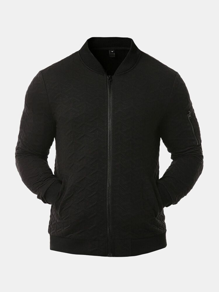 Chaqueta De Bombardero De Cuello De Béisbol Con Cremallera De Textura Jacquard De Color Sólido Para Hombre