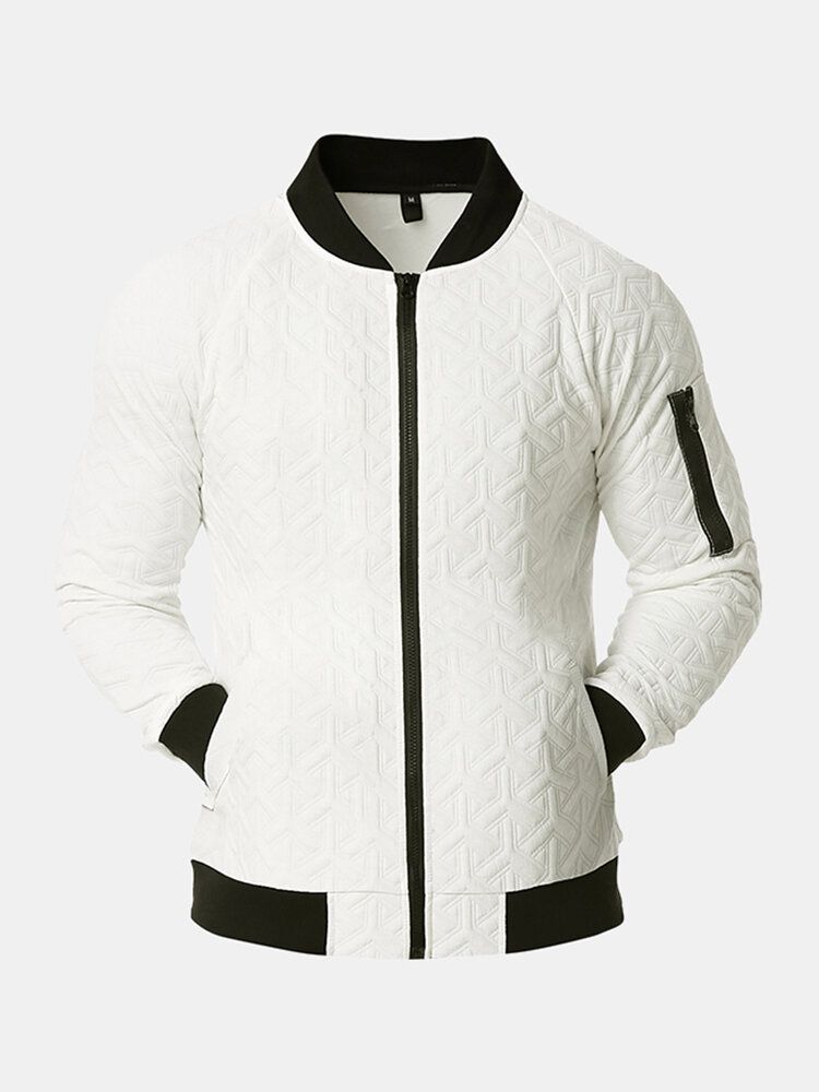 Chaqueta De Bombardero De Cuello De Béisbol Con Cremallera De Textura Jacquard De Color Sólido Para Hombre