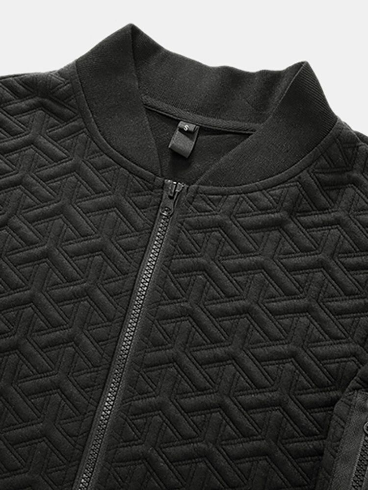 Chaqueta De Bombardero De Cuello De Béisbol Con Cremallera De Textura Jacquard De Color Sólido Para Hombre