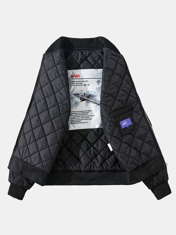 Chaqueta Cálida Con Cuello De Béisbol Con Cremallera Y Bordado Con Estampado De Letras Para Hombre Con Bolsillo