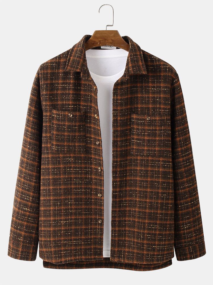 Chaqueta De Camisa Casual Alta Baja Con Solapa A Cuadros Vintage Para Hombre