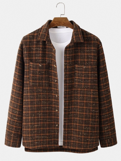 Chaqueta De Camisa Casual Alta Baja Con Solapa A Cuadros Vintage Para Hombre