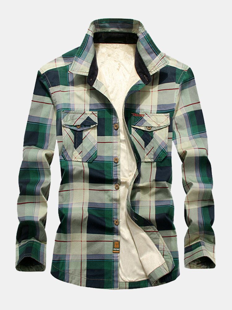 Chaqueta De Camisa Con Forro Polar Grueso De Tela Escocesa De Algodón Para Hombre Con Bolsillo