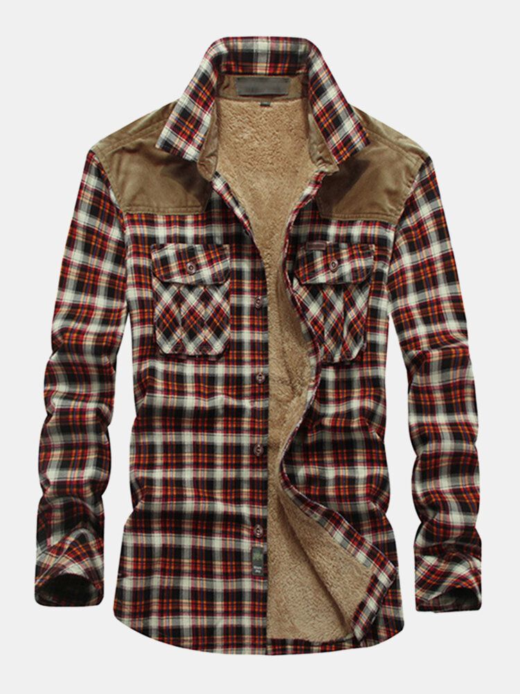 Chaqueta De Camisa Vintage Gruesa Con Solapa De Manga Larga Con Forro De Piush A Cuadros Clásico Para Hombre