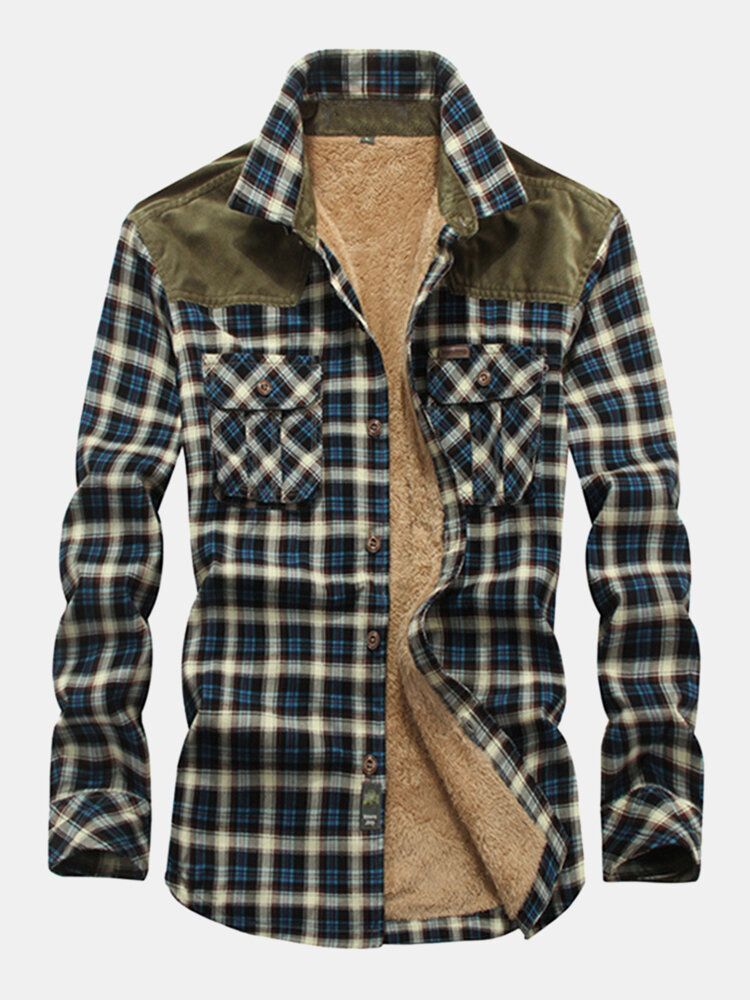 Chaqueta De Camisa Vintage Gruesa Con Solapa De Manga Larga Con Forro De Piush A Cuadros Clásico Para Hombre