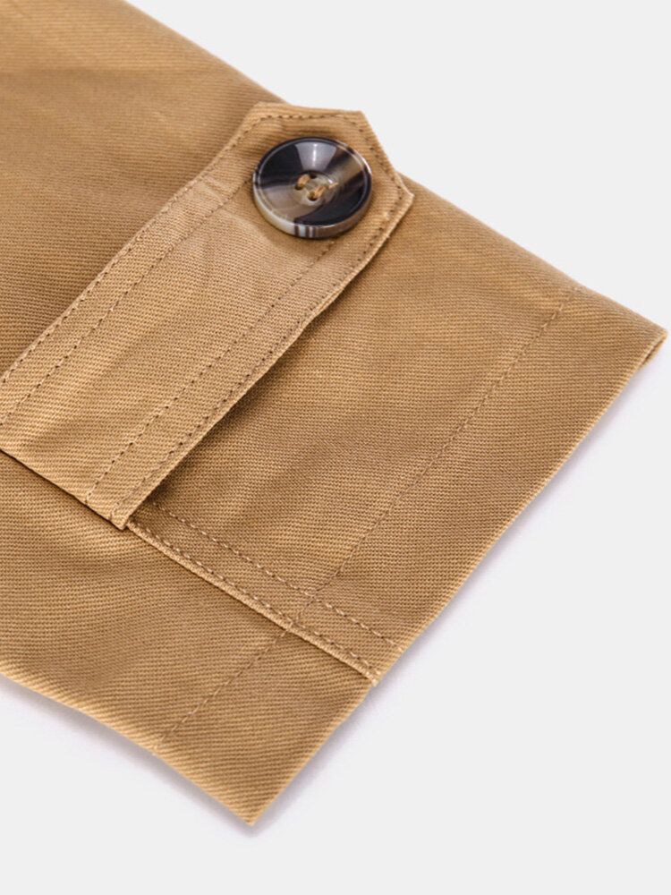 Chaqueta Cargo Con Solapa Delantera Y Botón Sólido 100% Algodón Para Hombre Con Bolsillo