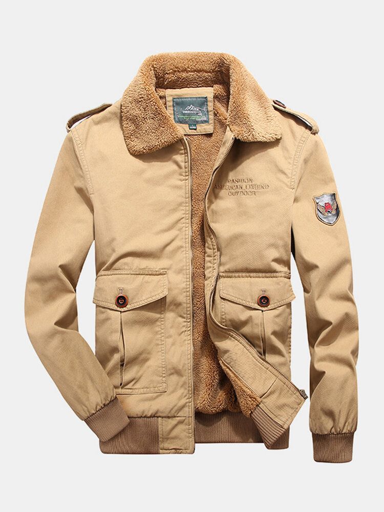 Chaqueta De Casaul De Solapa Gruesa Con Forro De Sherpa Con Insignia Bordada Con Cremallera Para Hombre