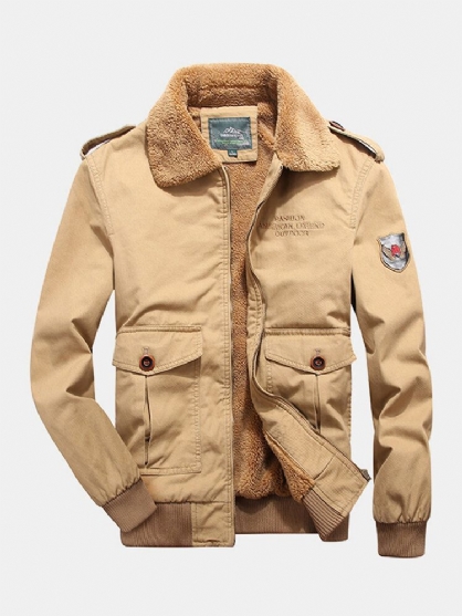 Chaqueta De Casaul De Solapa Gruesa Con Forro De Sherpa Con Insignia Bordada Con Cremallera Para Hombre