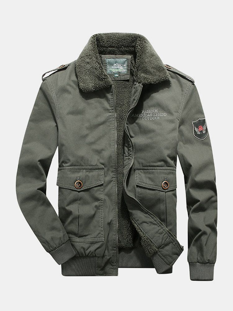 Chaqueta De Casaul De Solapa Gruesa Con Forro De Sherpa Con Insignia Bordada Con Cremallera Para Hombre