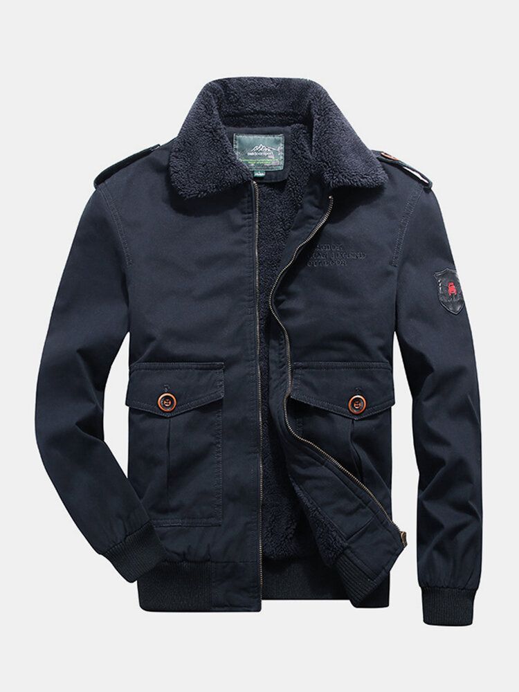 Chaqueta De Casaul De Solapa Gruesa Con Forro De Sherpa Con Insignia Bordada Con Cremallera Para Hombre